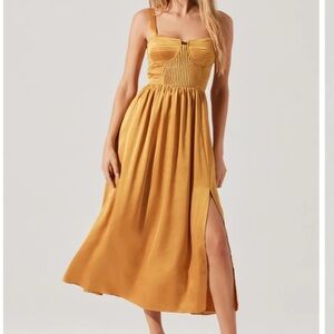 Astr Gold Smocked Slit Midi Dress